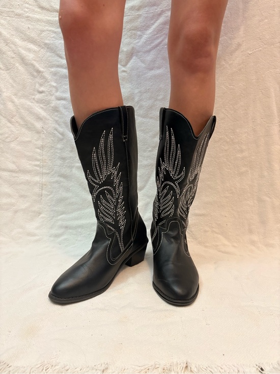 Shoes - Black Embroidered Western Knee-High Boots